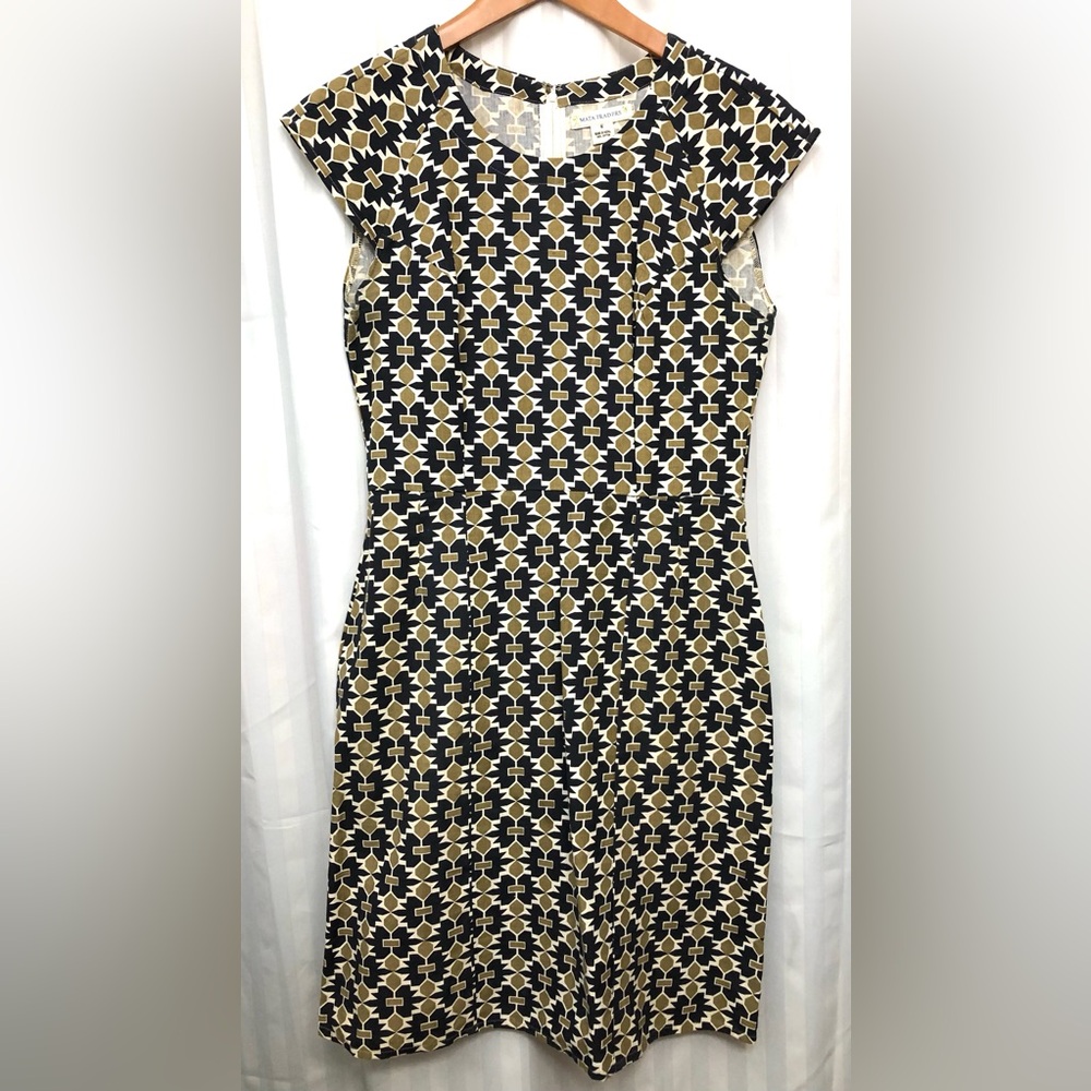 Mata Traders Fair Trade Navy, Gold & White Geometric Cotton Midi Dress - M
